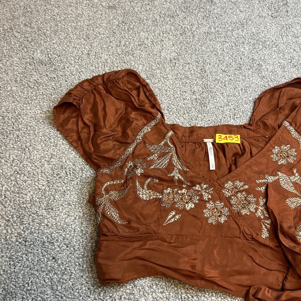 Free People Blouse Womens Small Brown Embroidered Puff Sleeve Boho Top Festival - Picture 3 of 11